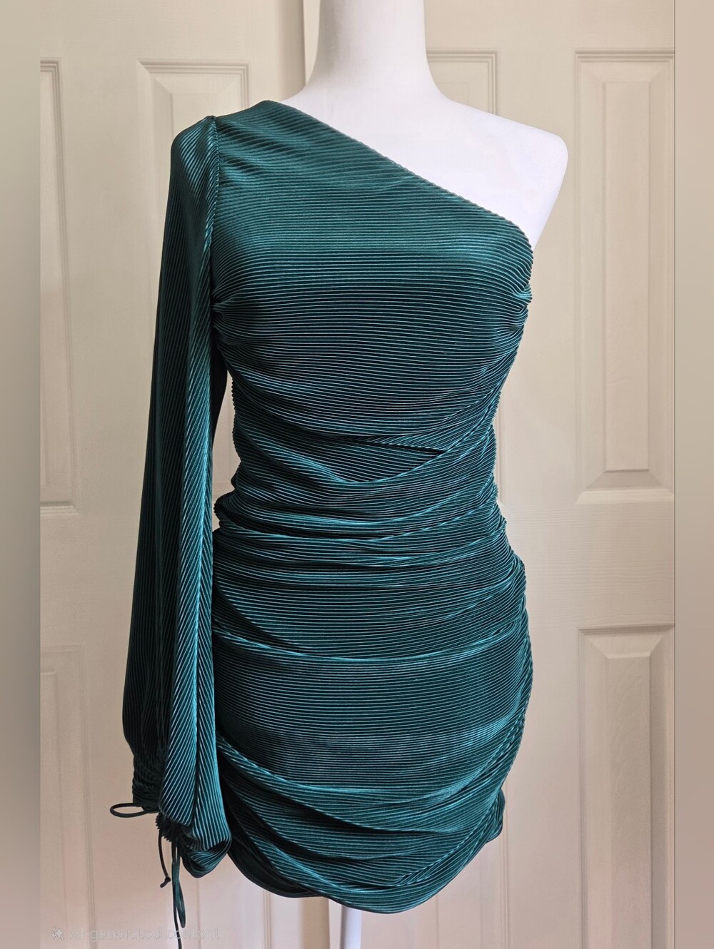 Lucy In The Sky Ivy Pleated One Shoulder Balloon Sleeve Mini Dress Green, Large